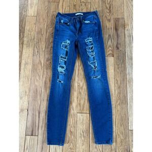 SO Destructed Low Rise FLX Stretch Skinny‎ Jeans Blue Distressed Denim